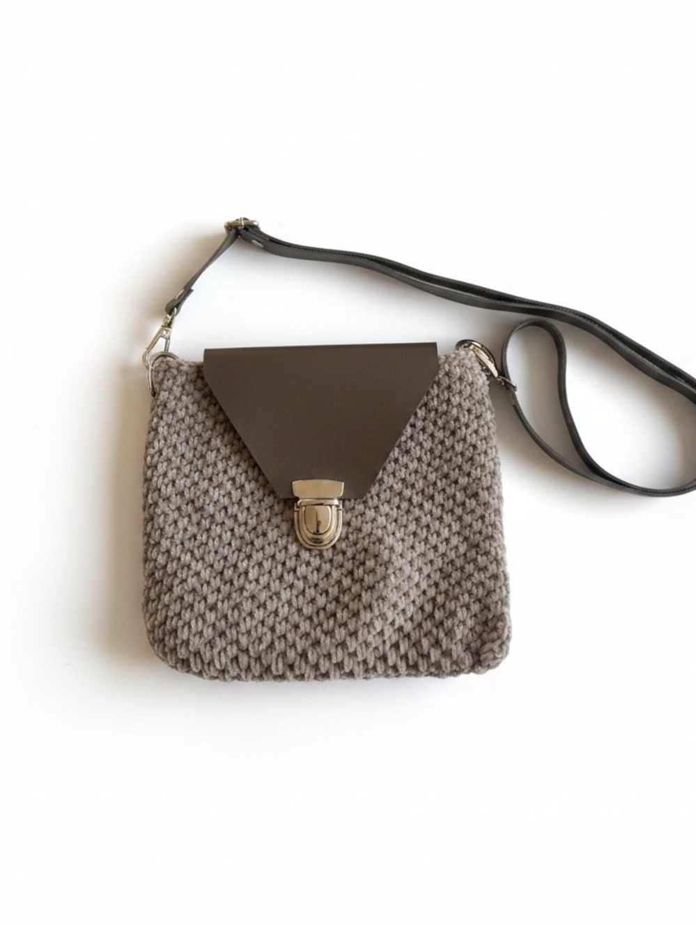 Taupe Knit Crossbody Bag with Grey Leather Flap